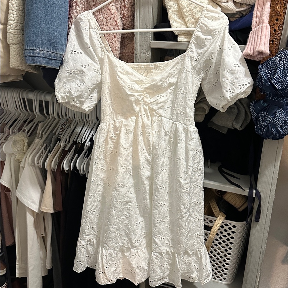 White Eyelet Puff Sleeve Dress